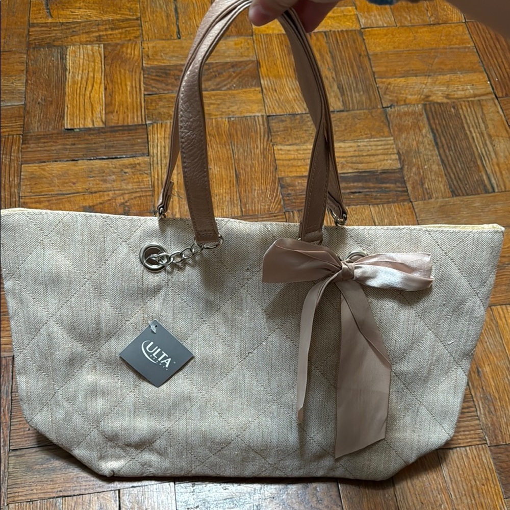 Ulta Beauty Cream and Tan Tote Bag with Leather Straps